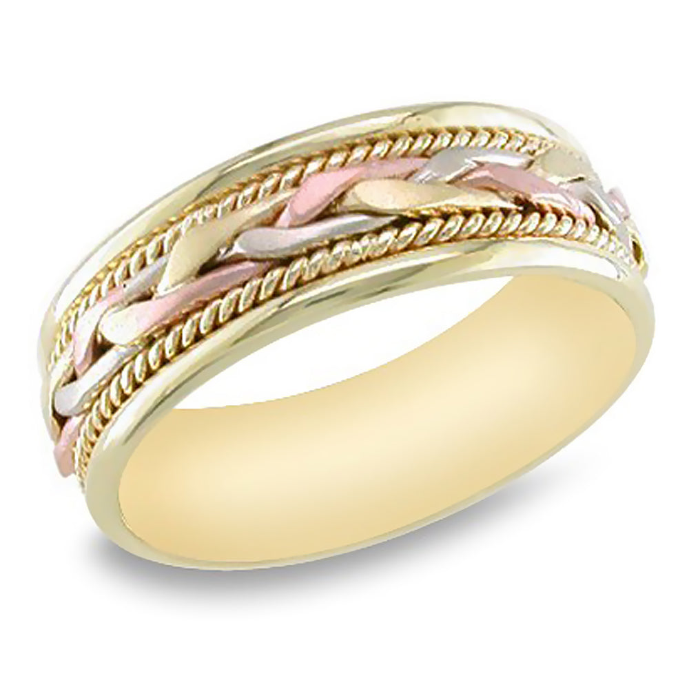 Solid 14k Gold Tri Three Color 7mm Woven Wedding Band Ring Comfort