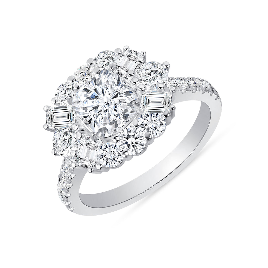 1.75 CTW. Cushion Cut Diamond Mixed Cut Halo Design Engagement Ring