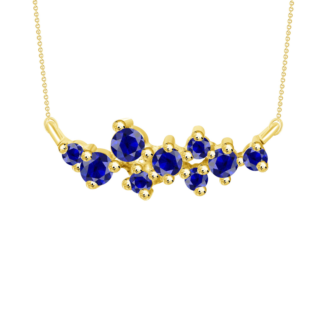 0.25 Carat Brilliant Round Cluster Blue Sapphire Necklace 14K Gold 16" Rolo Chain