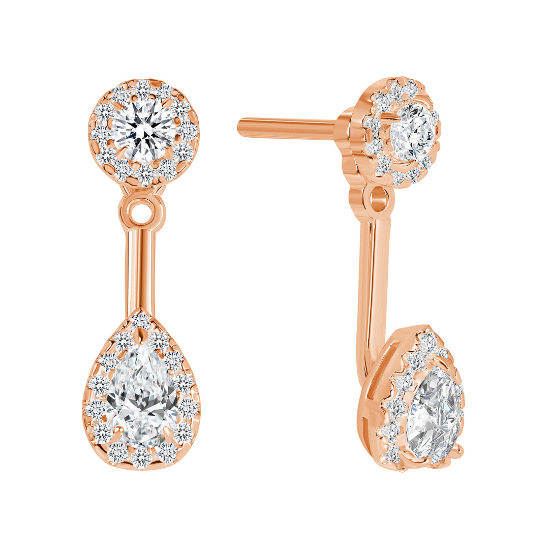 1.00 ct. Halo Pear Shaped and Round Cut Diamond Drop Earrings