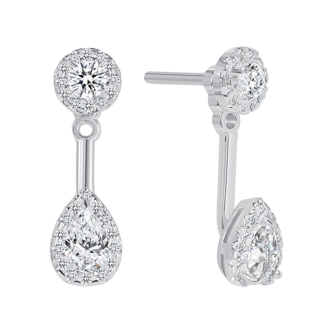 1.00 ct. Halo Pear Shaped and Round Cut Diamond Drop Earrings