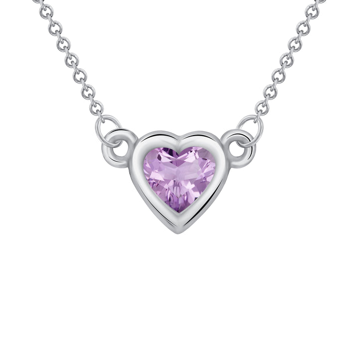 Bezel Set 0.25 Carat Amethyst Heart Shape Solitaire Pendant in Yellow, White, or Rose Gold with 16" Rolo Chain