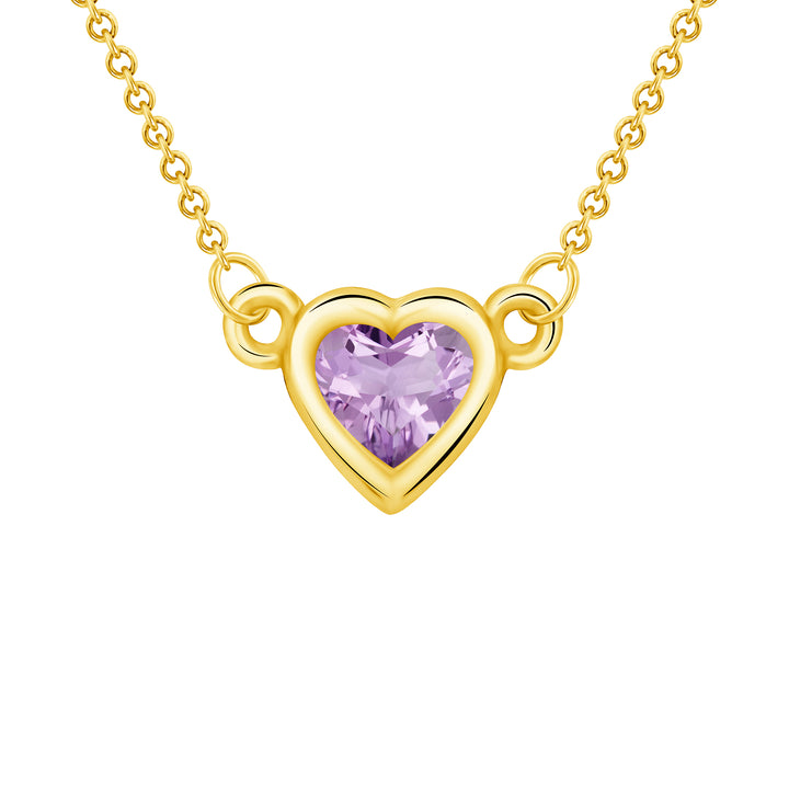 Bezel Set 0.25 Carat Amethyst Heart Shape Solitaire Pendant in Yellow, White, or Rose Gold with 16" Rolo Chain