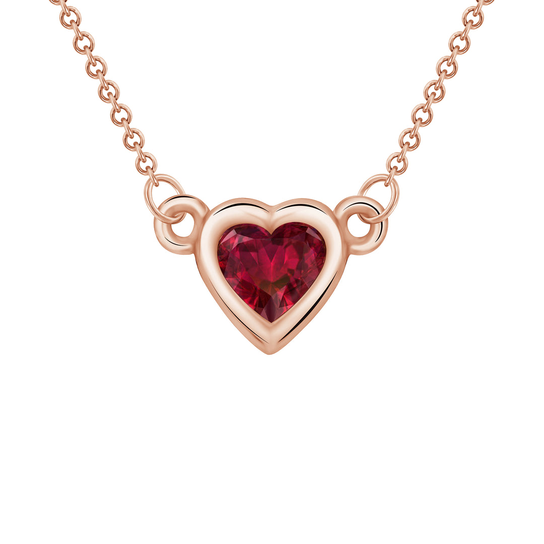 Bezel Set 0.25 Carat Ruby Heart Shape Solitaire Pendant in Yellow, White, or Rose Gold with 16" Rolo Chain