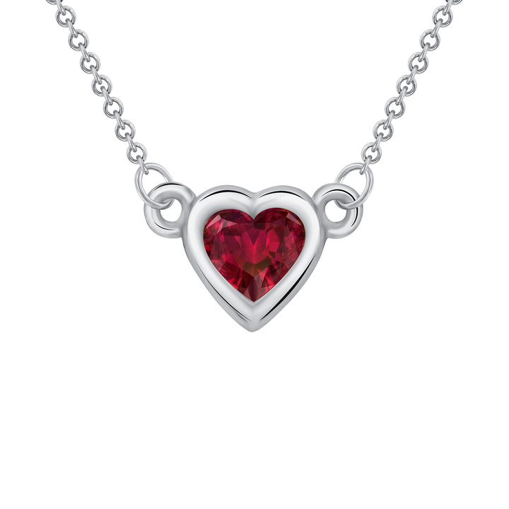 Bezel Set 0.25 Carat Ruby Heart Shape Solitaire Pendant in Yellow, White, or Rose Gold with 16" Rolo Chain