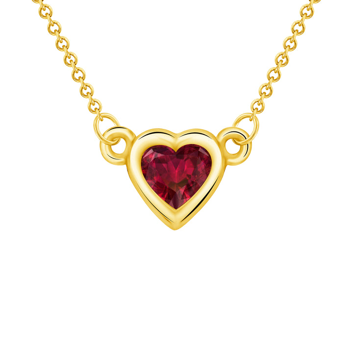 Bezel Set 0.25 Carat Ruby Heart Shape Solitaire Pendant in Yellow, White, or Rose Gold with 16" Rolo Chain