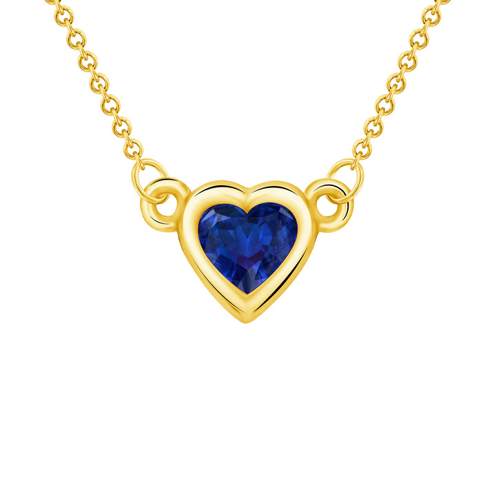 Bezel Set 0.25 Carat Blue Sapphire Heart Shape Solitaire Pendant in Yellow, White, or Rose Gold with 16" Rolo Chain