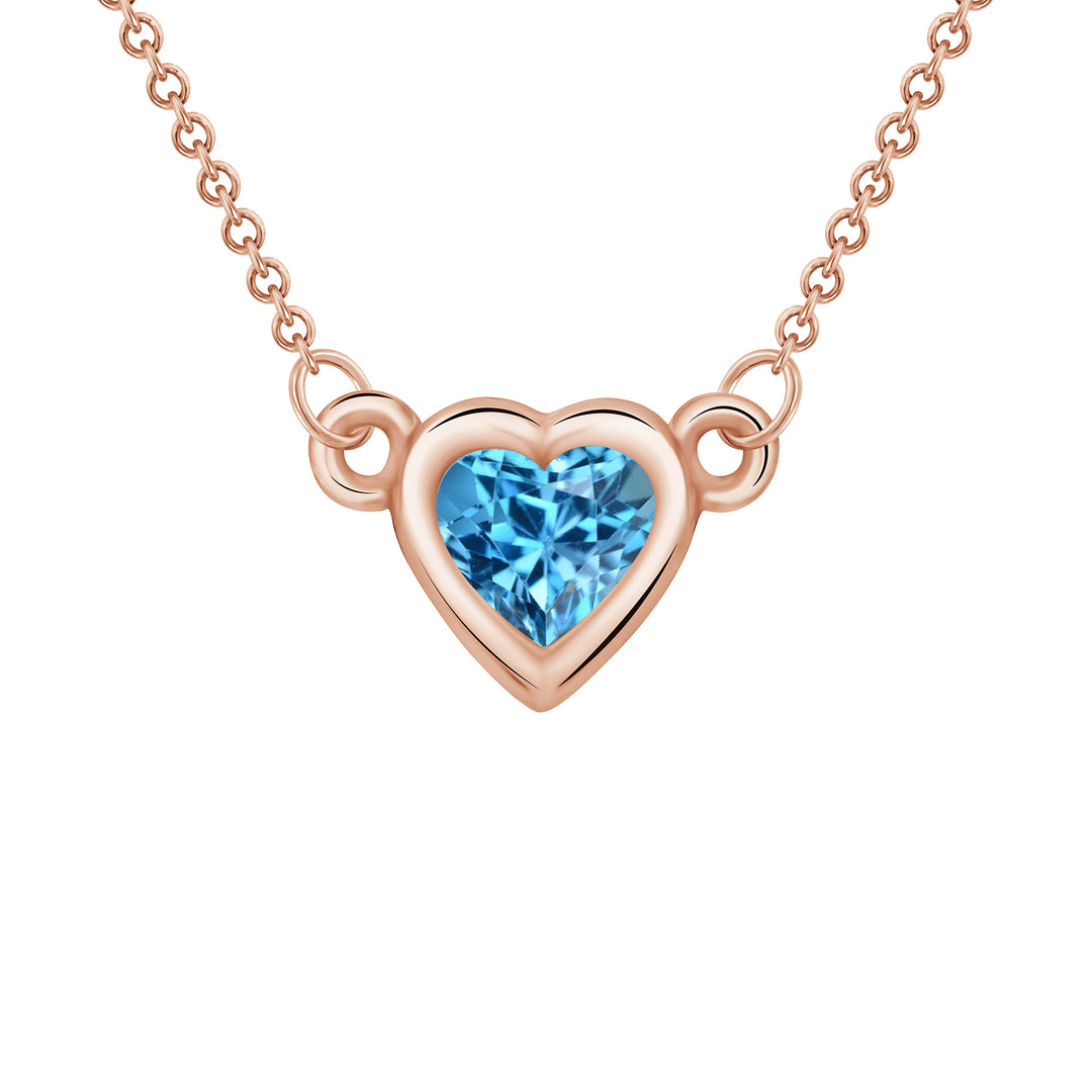 Bezel Set 0.25 Carat Blue Topaz Heart Shape Solitaire Pendant in Yellow, White, or Rose Gold with 16" Rolo Chain