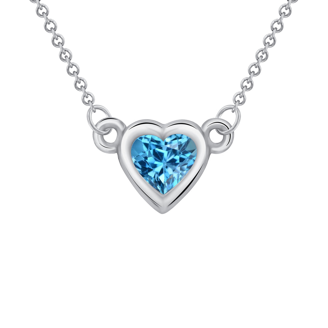 Bezel Set 0.25 Carat Blue Topaz Heart Shape Solitaire Pendant in Yellow, White, or Rose Gold with 16" Rolo Chain