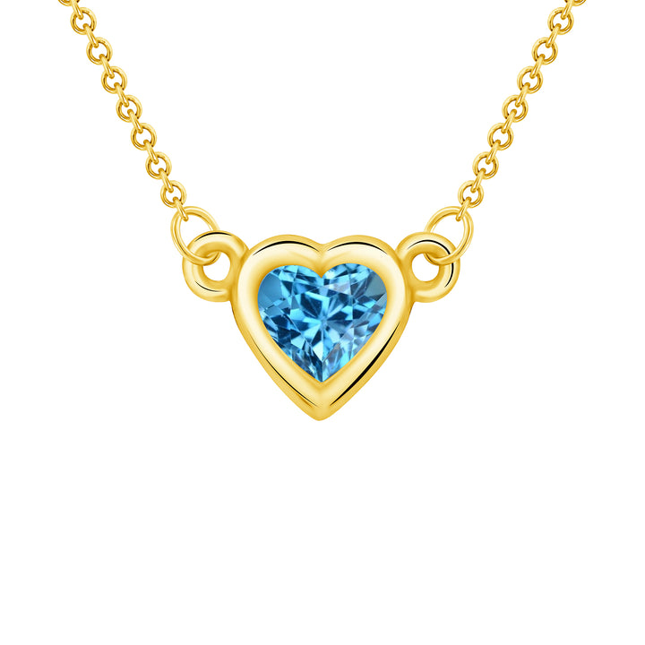 Bezel Set 0.25 Carat Blue Topaz Heart Shape Solitaire Pendant in Yellow, White, or Rose Gold with 16" Rolo Chain