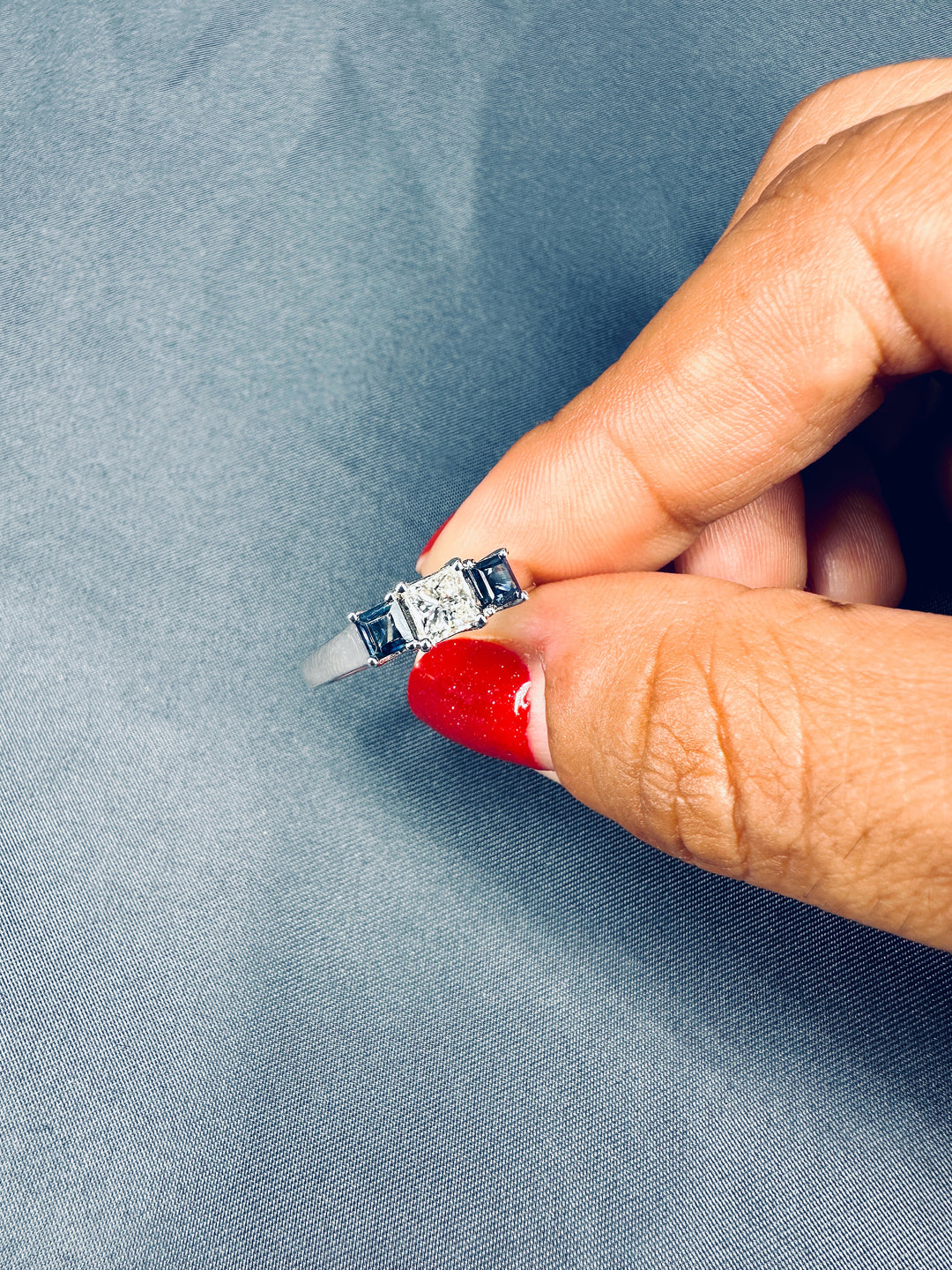 Three Stone Diamond & Natural Blue Sapphire Ring 1.00 Ct. Tw.