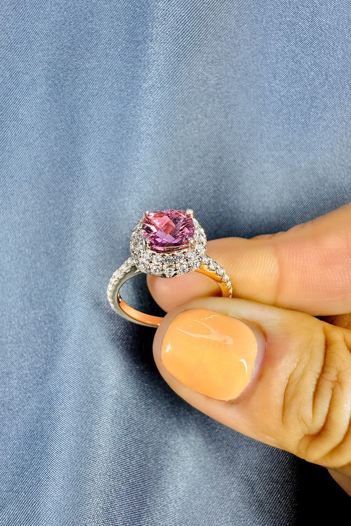 7x7MM Natural Pink Topaz Cushion Cut Halo 0.75 Carat Diamond Ring