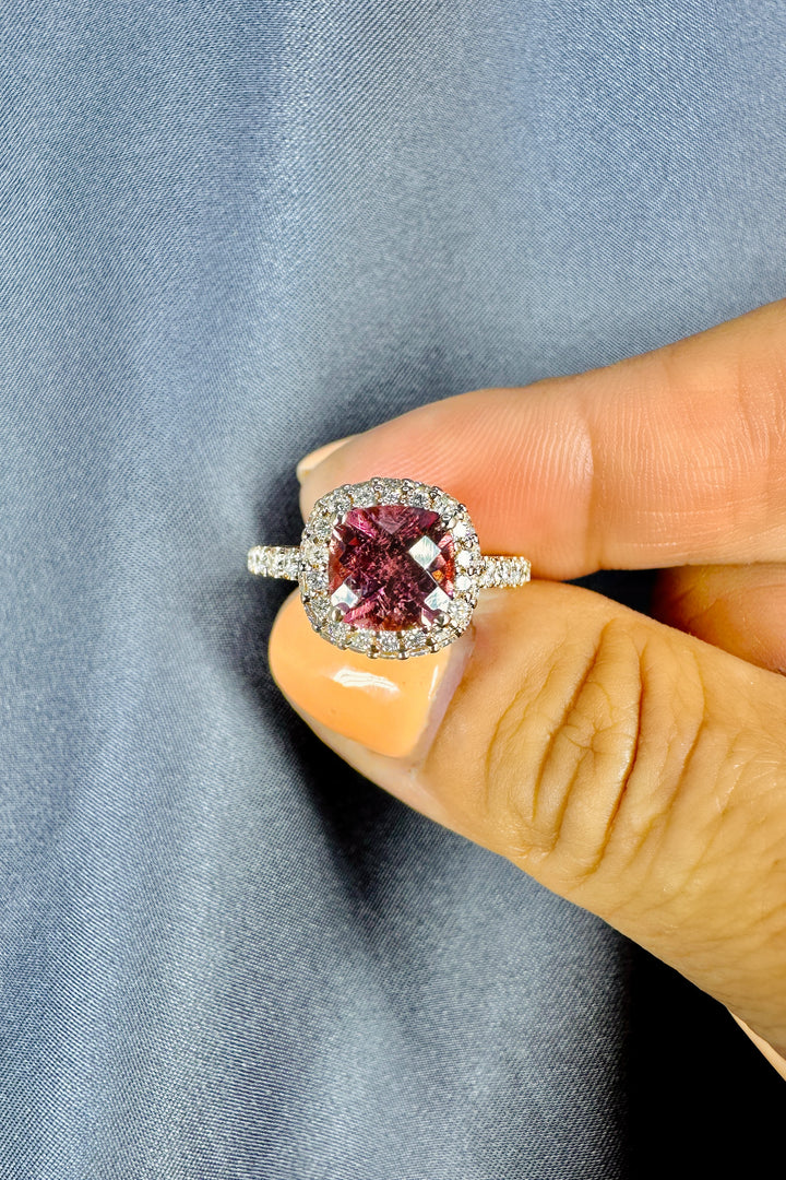 7x7MM Natural Pink Topaz Cushion Cut Halo 0.75 Carat Diamond Ring