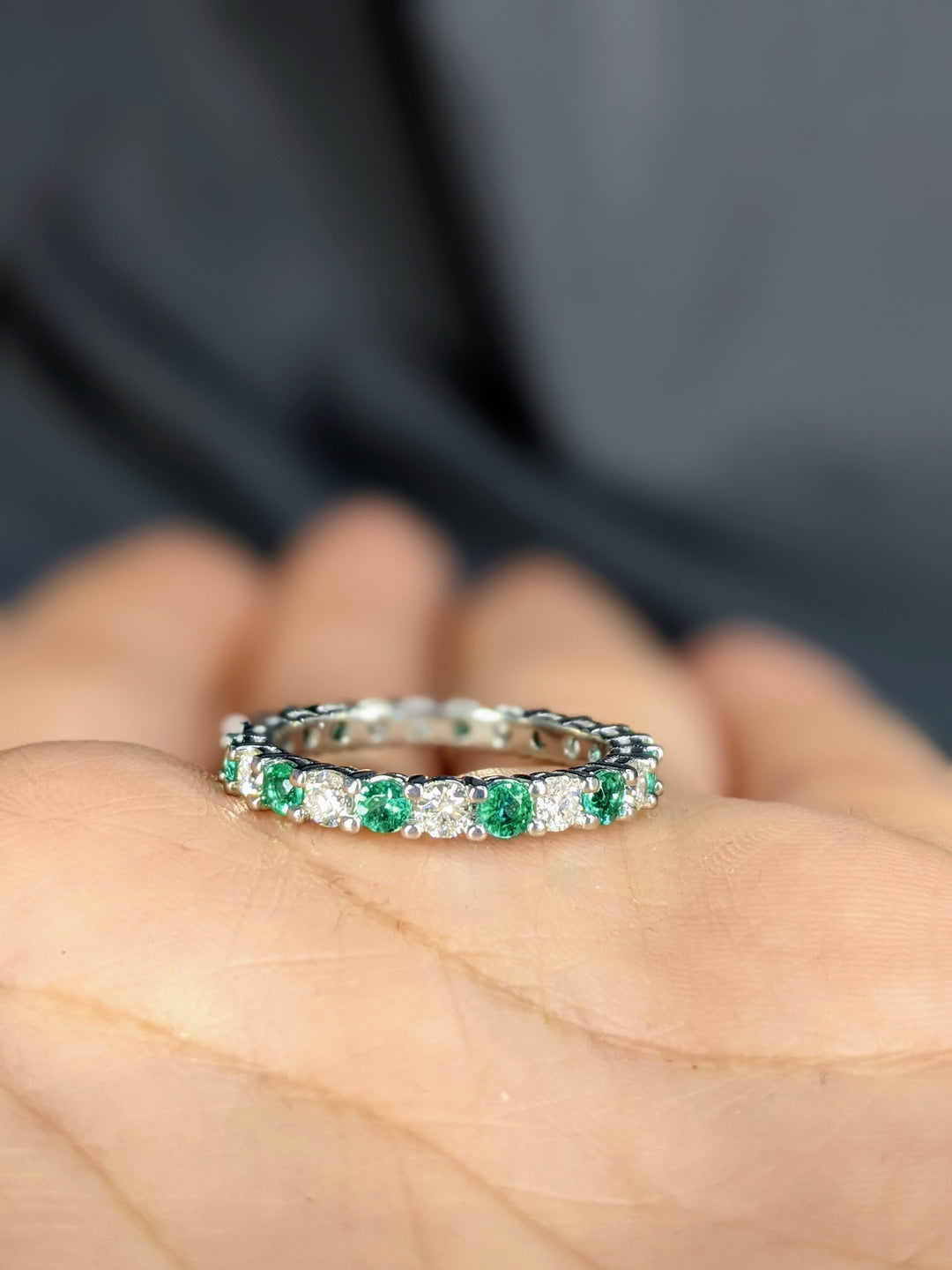 2.80 Carat Round Cut Diamond & Natural Green Emerald Eternity Band