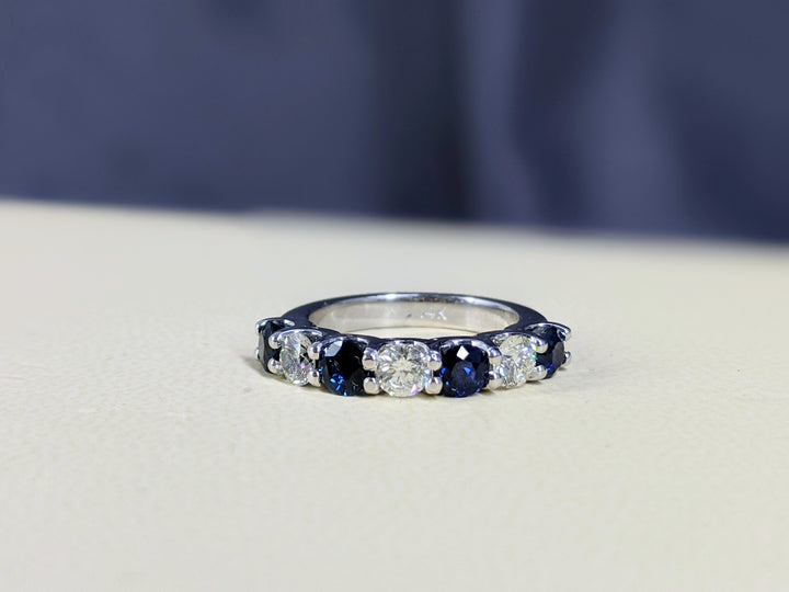 7 Stone 1.75 Ct. Tw. Round Cut Diamond and Natural Blue Sapphire Band