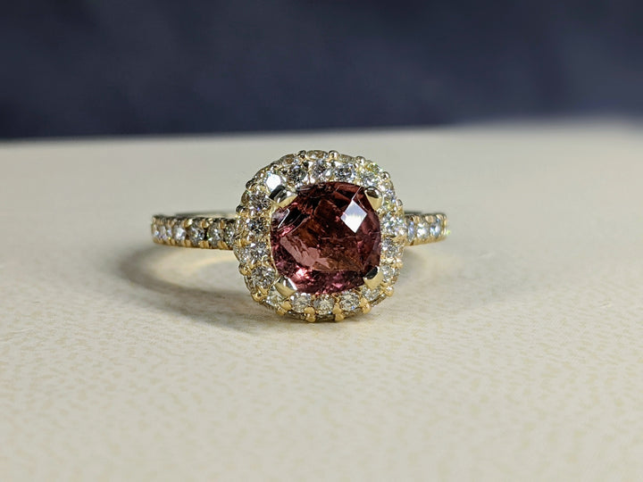 7x7MM Natural Pink Topaz Cushion Cut Halo 0.75 Carat Diamond Ring