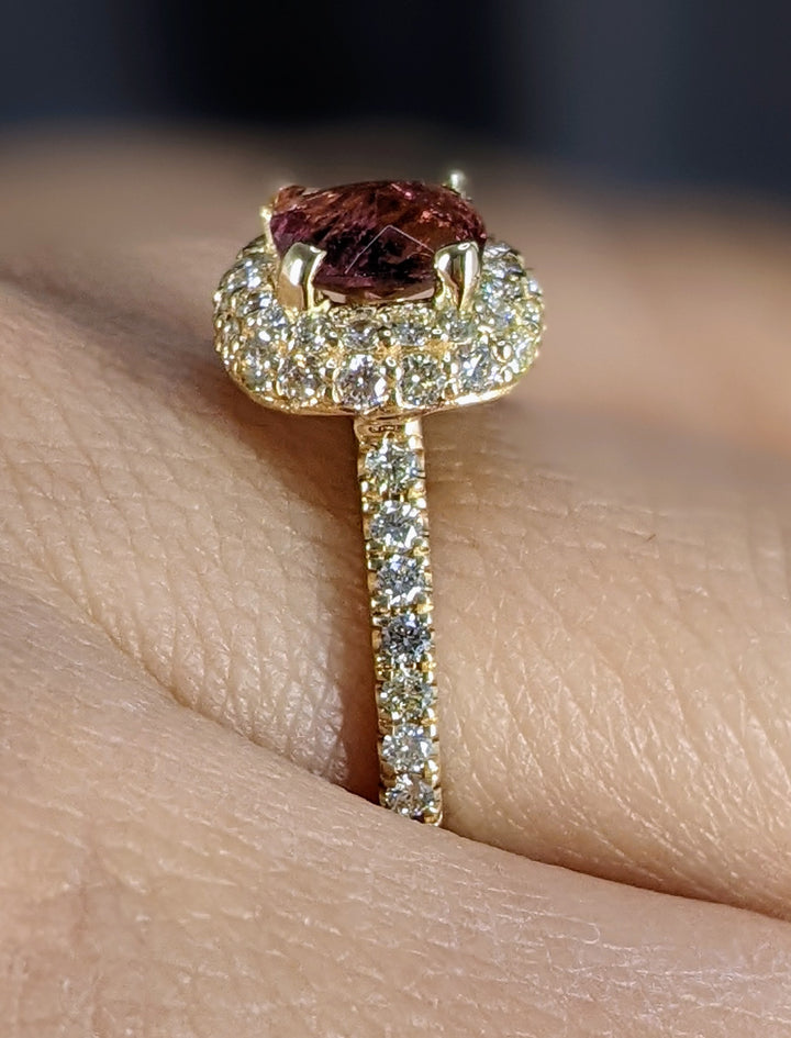 7x7MM Natural Pink Topaz Cushion Cut Halo 0.75 Carat Diamond Ring