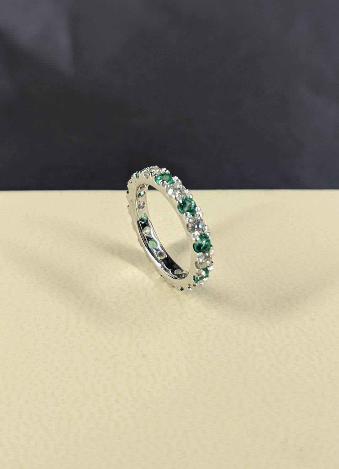 2.20 Carat Brilliant Round Diamond & Natural Green Emerald Wedding Eternity Band