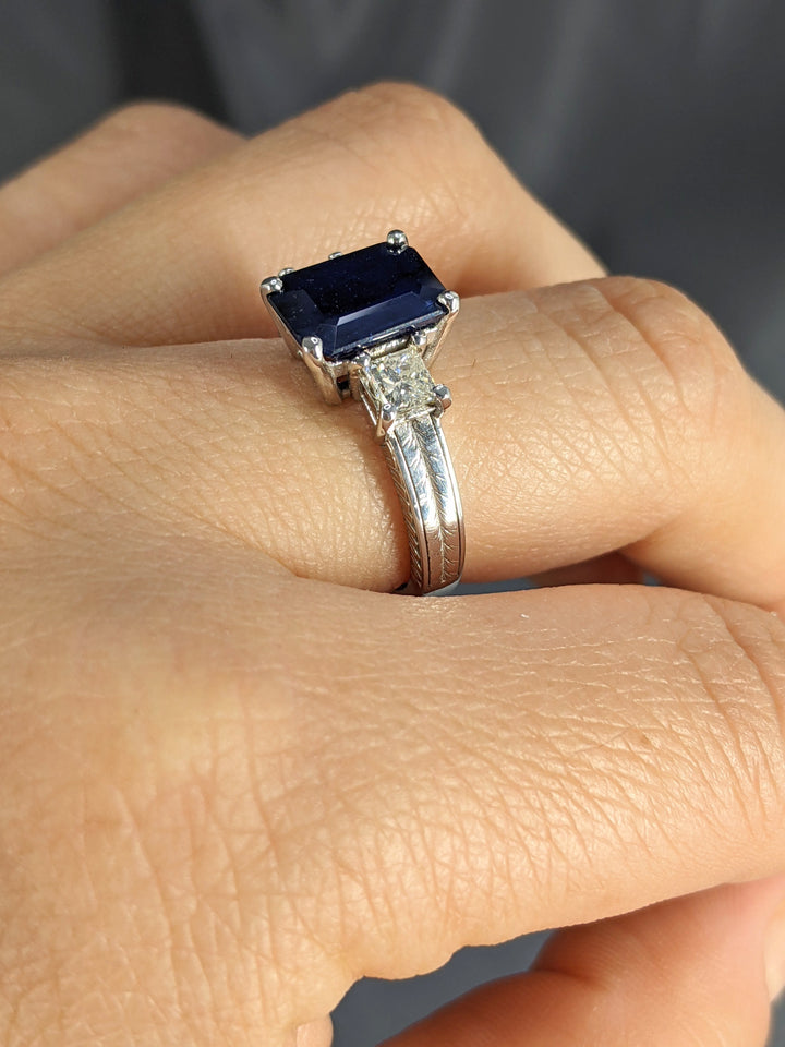 3.00 Ct. Tw. Emerald Cut Natural Blue Sapphire with 1.00 Ct. Tw. Diamond Ring