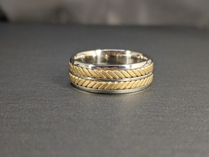 8MM Two Tone White & Yellow Gold Leaf on Vine Wedding Band