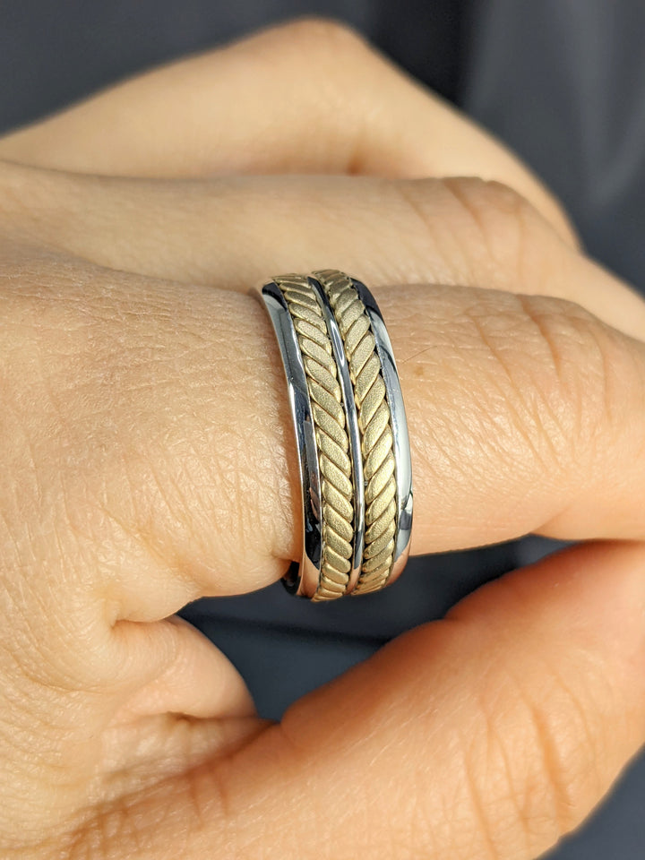 8MM Two Tone White & Yellow Gold Leaf on Vine Wedding Band