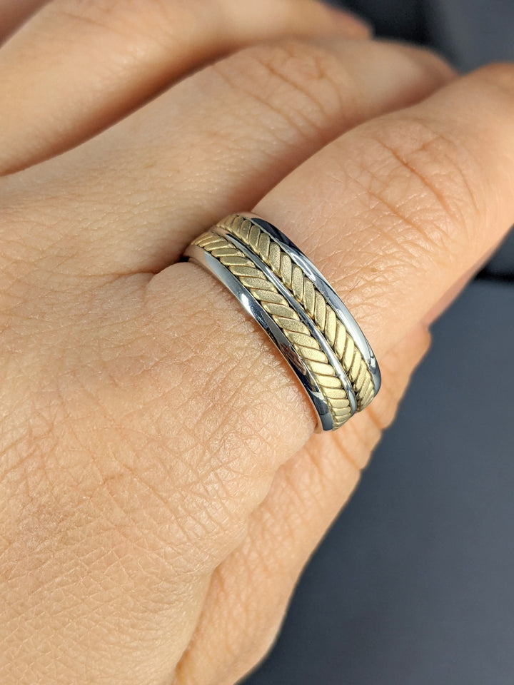 8MM Two Tone White & Yellow Gold Leaf on Vine Wedding Band