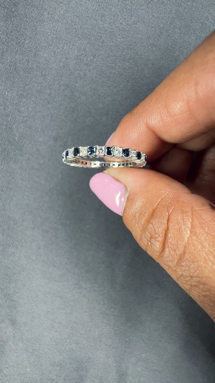 1.50 Carat Princess Cut Diamond & Natural Sapphire Eternity Band