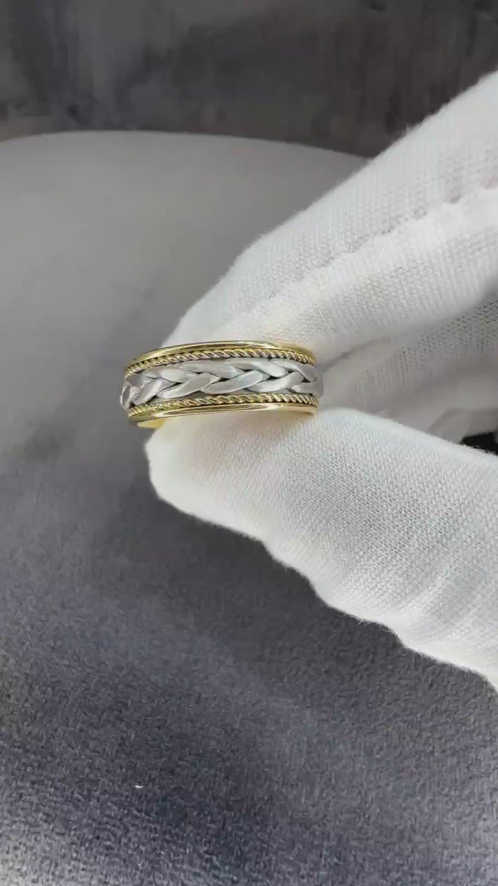 7MM Two Tone White Soft Braid With Yellow Gold Rope Wedding Band