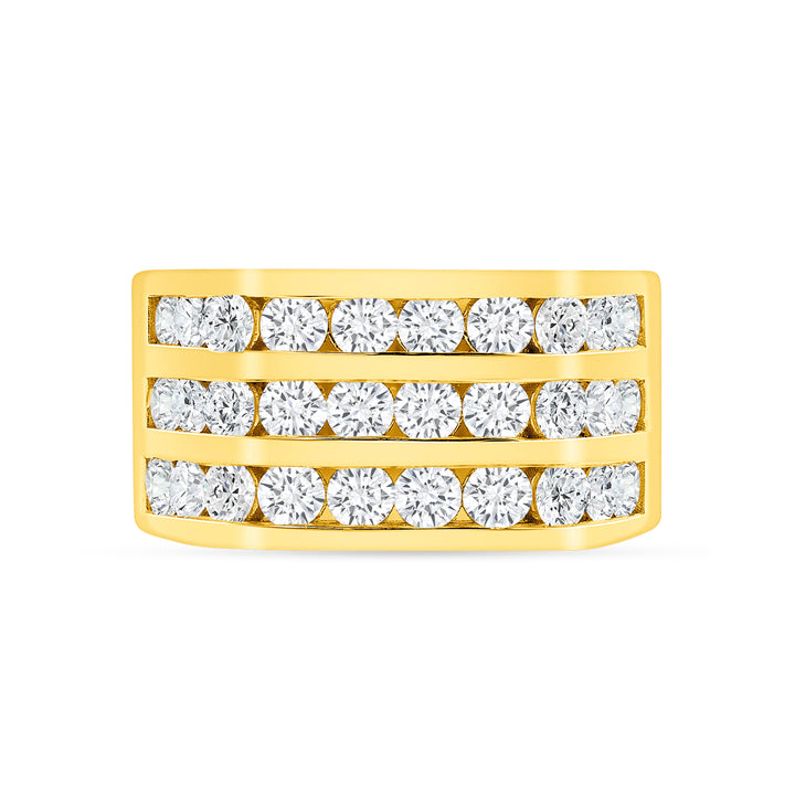 Men's 2 1/2 Carat Round Cut Channel Setting Three Row Yellow Gold Diamond Ring