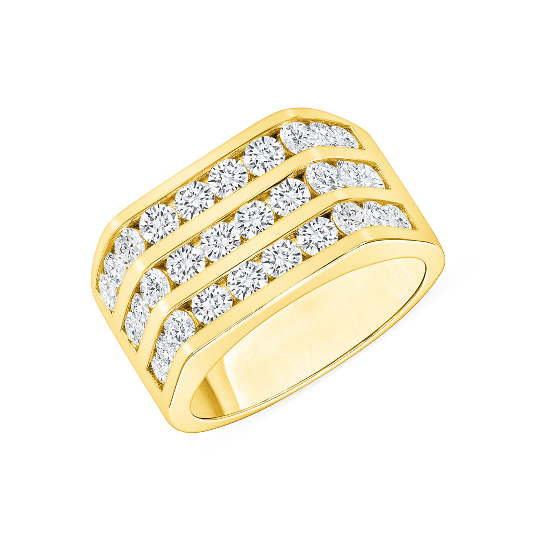 Men's 2 1/2 Carat Round Cut Channel Setting Three Row Yellow Gold Diamond Ring