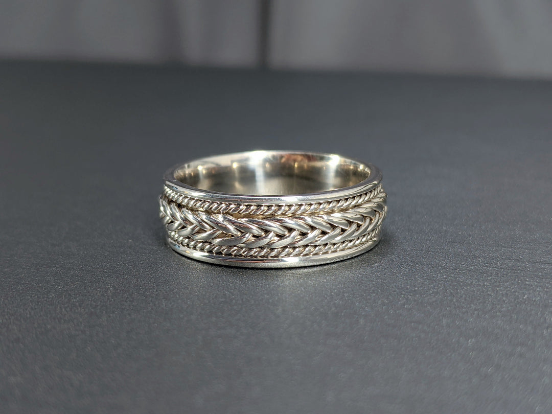 7MM Hand Braided All White Gold Wedding Band