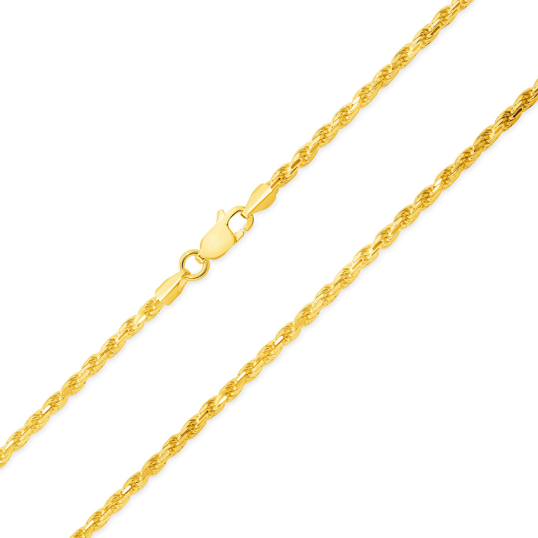 Solid 14K Yellow Gold 2 mm-4 mm Diamond-Cut Rope Chain Necklace 16"-26"