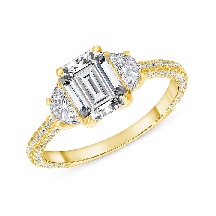 2.25 Ct. Tw. Emerald Cut Diamond Three Stone Inspired Engagement Ring with Half Moon