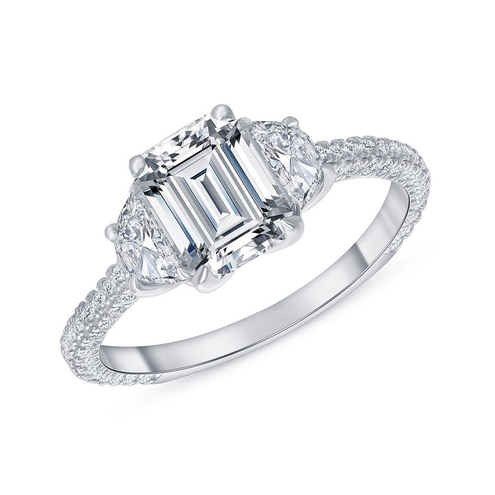 2.25 Ct. Tw. Emerald Cut Diamond Three Stone Inspired Engagement Ring with Half Moon