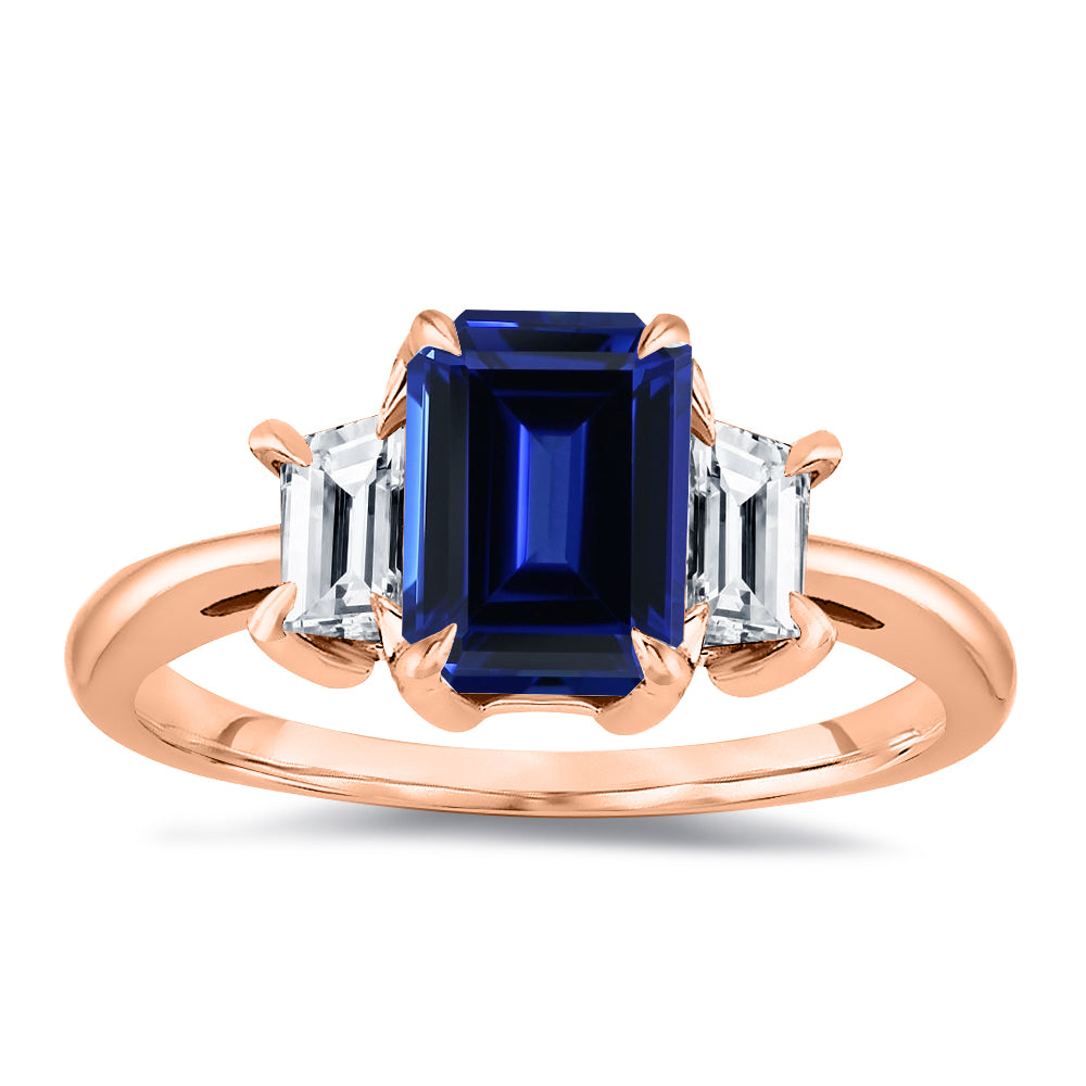 Three Stone 7x5MM 1.00 Ct. Tw. Emerald Cut Natural Blue Sapphire & 0.50 Ct. Tw. Diamond Ring