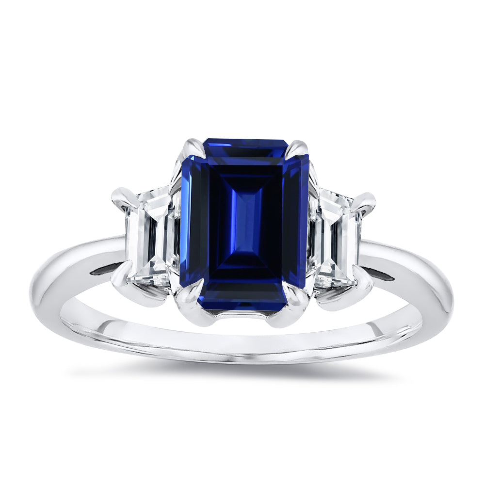 Three Stone 7x5MM 1.00 Ct. Tw. Emerald Cut Natural Blue Sapphire & 0.5 ...