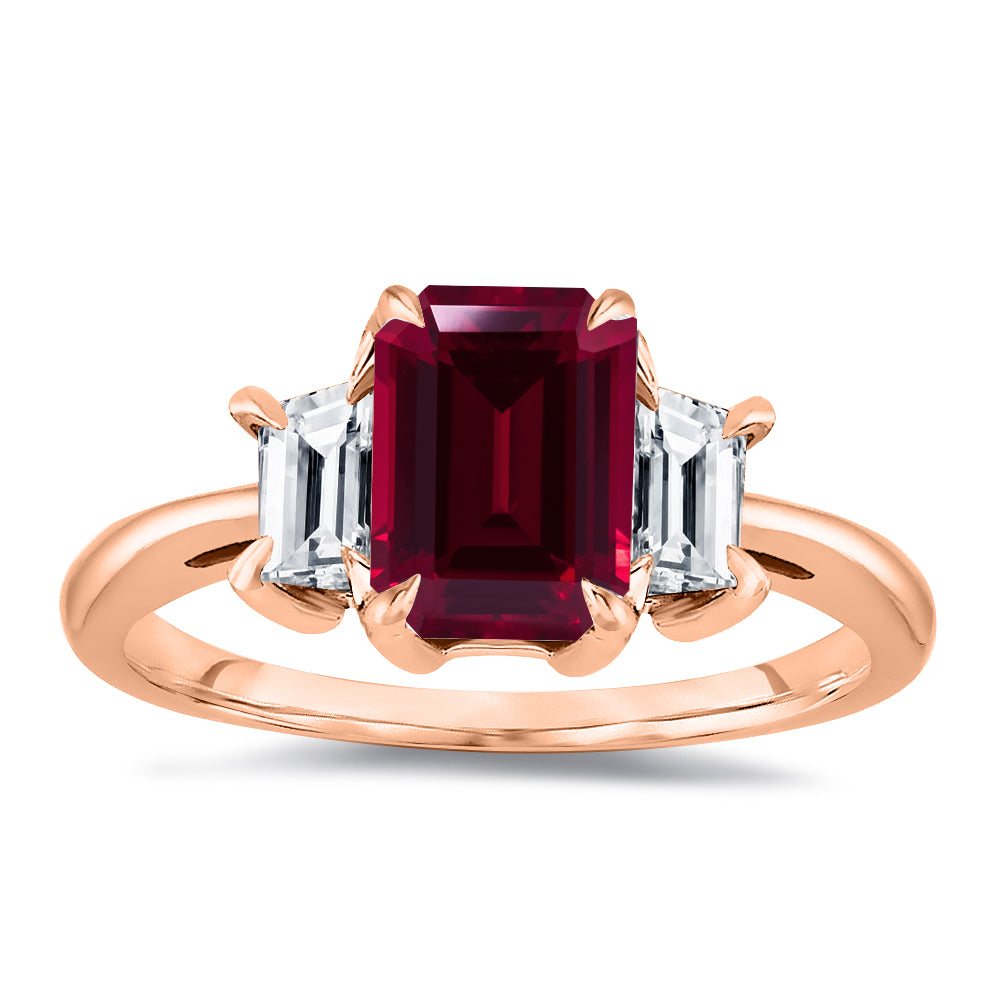 Three Stone Natural Ruby Emerald Cut 7x5MM with 0.50 Carat Emerald Cut Side Diamonds