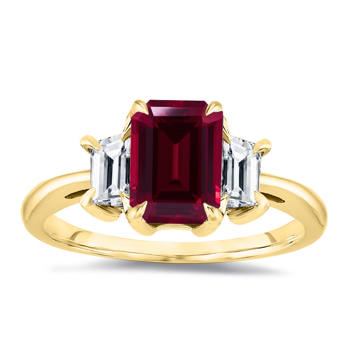 Three Stone Natural Ruby Emerald Cut 7x5MM with 0.50 Carat Emerald Cut Side Diamonds