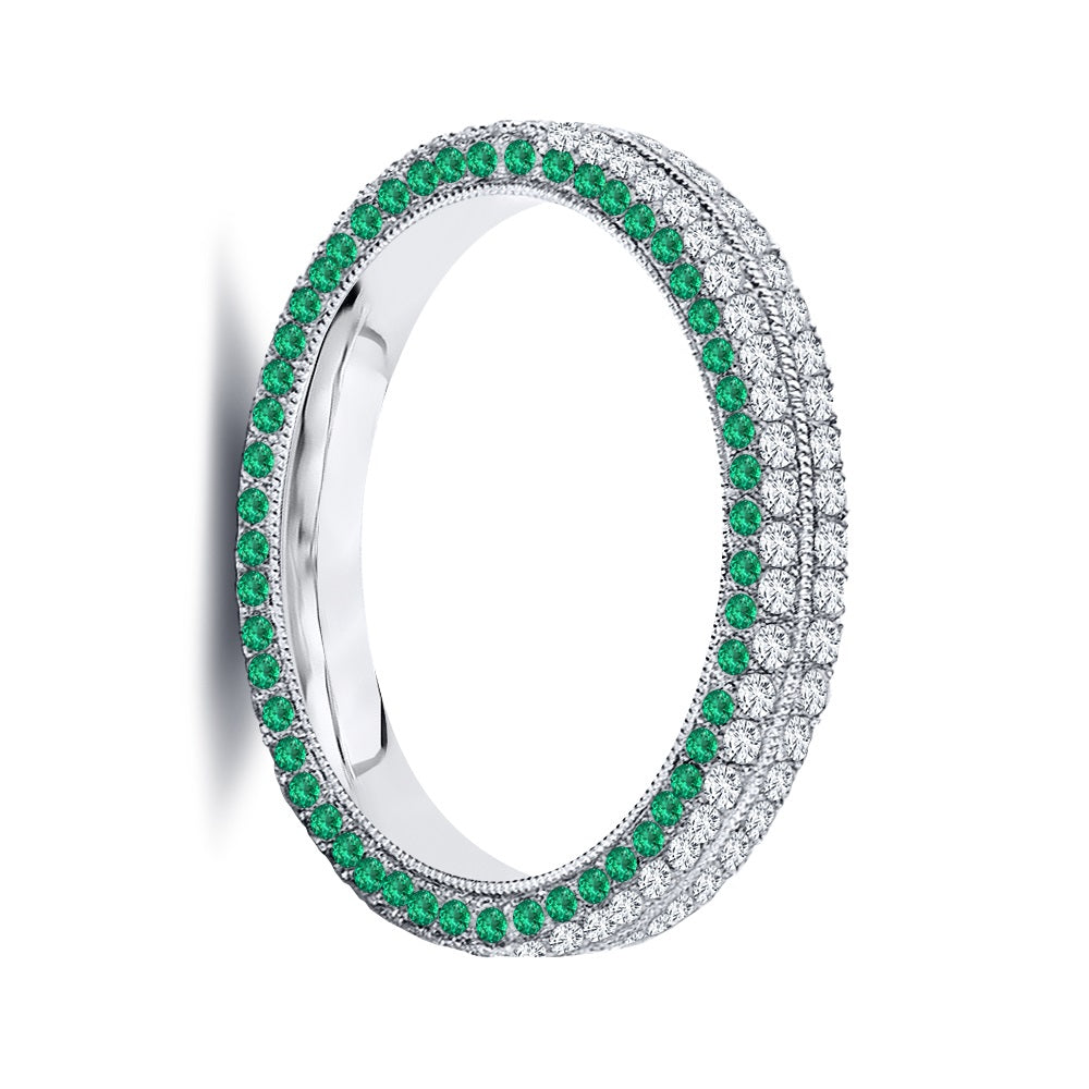 2.00 Ct. Tw. Round Cut Four Row Diamond & Natural Green Emerald Eternity Band