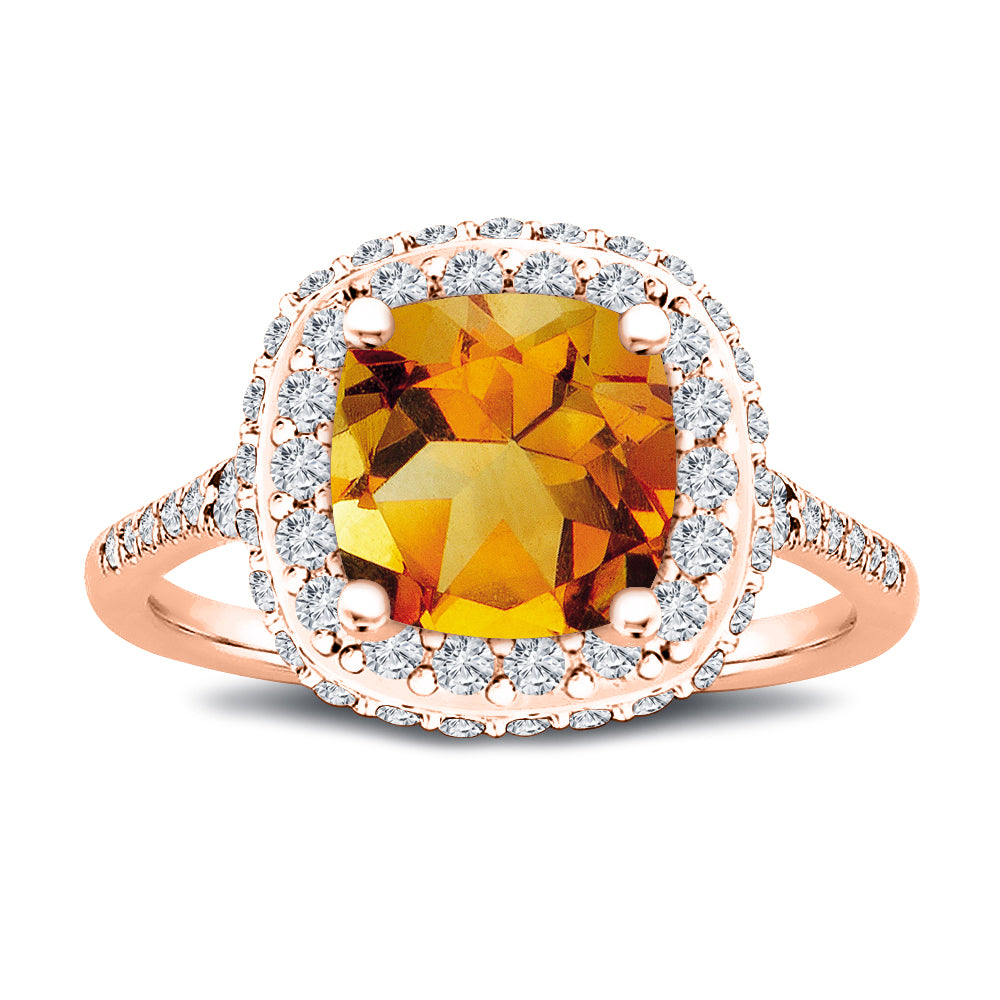 7x7MM Natural Citrine Cushion Cut Center Stone with Double Halo 0.75 Ct. Tw. Diamond Ring