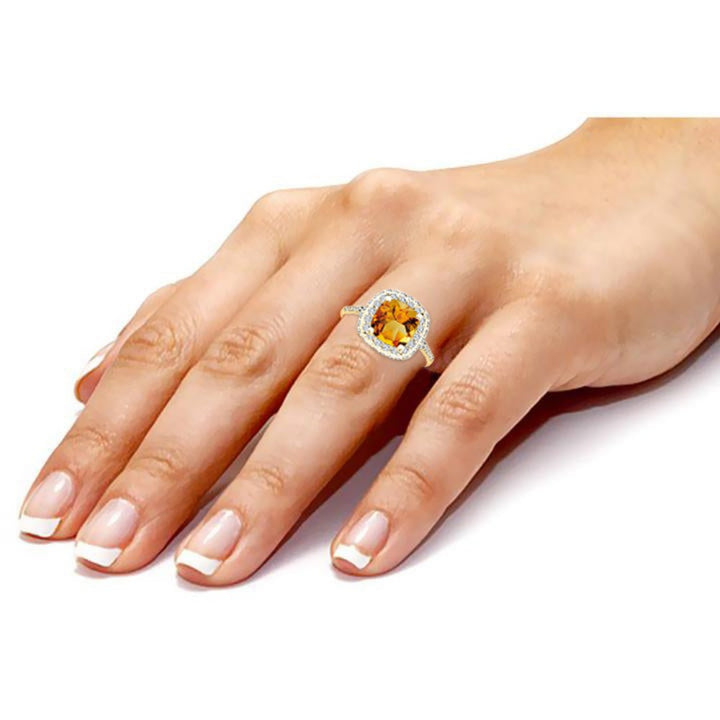 7x7MM Natural Citrine Cushion Cut Center Stone with Double Halo 0.75 Ct. Tw. Diamond Ring