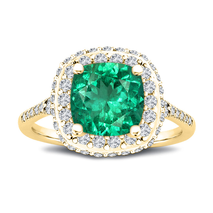 7x7MM Cushion Cut Natural Green Emerald Center Stone with Double Halo 0.75 Ct. Tw. Diamond Ring