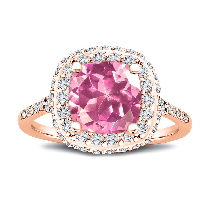 7x7MM Natural Pink Topaz Cushion Cut Halo 0.75 Carat Diamond Ring