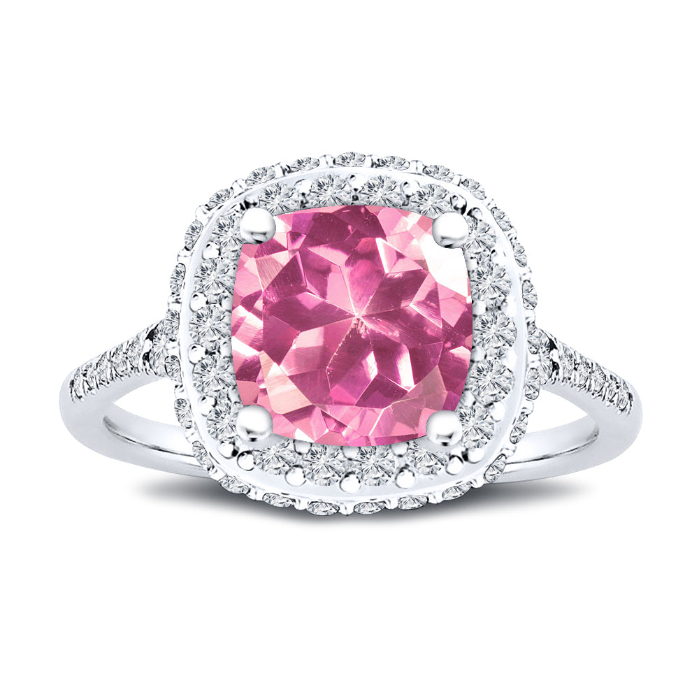 7x7MM Natural Pink Topaz Cushion Cut Halo 0.75 Carat Diamond Ring