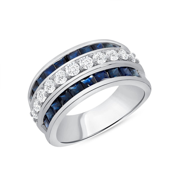 3.00 Carat Mixed Cut Natural Blue Sapphire Gemstone & Diamond Band