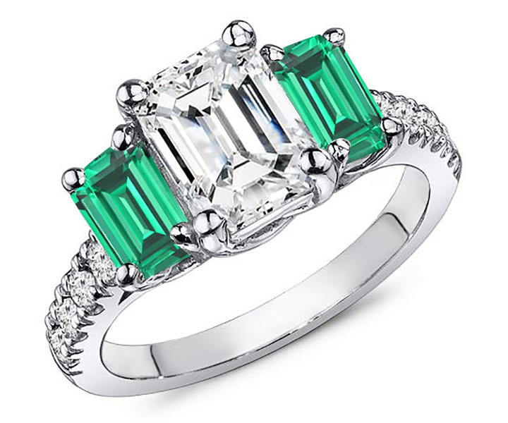 Three Stone Inspired 1.45 Carat Emerald Cut Diamond & Natural Green Em ...