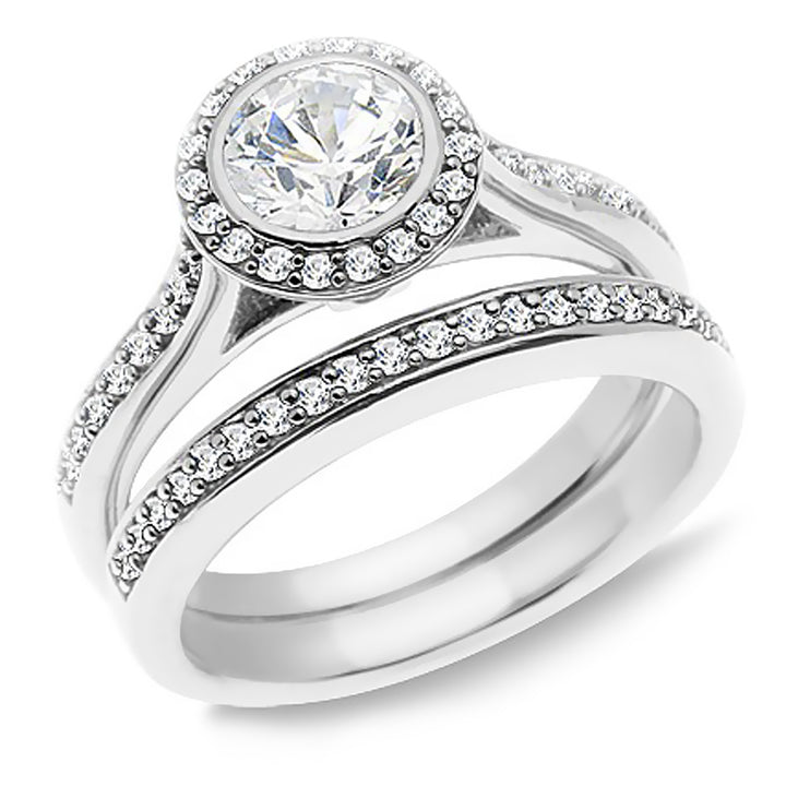 1.00 Carat Brilliant Round Diamond Halo Engagement Wedding Ring Set