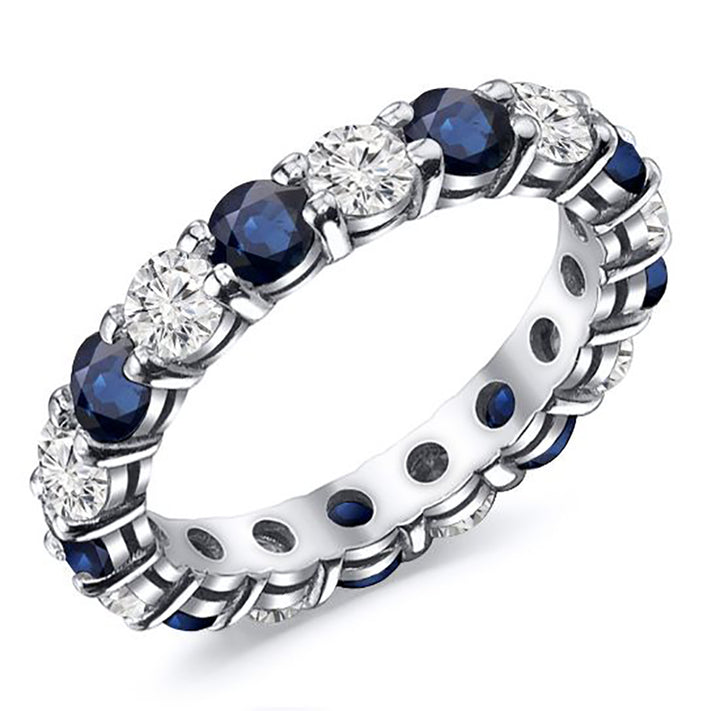 2.00 Carat Round Cut Diamond & Natural Blue Sapphire Eternity Band