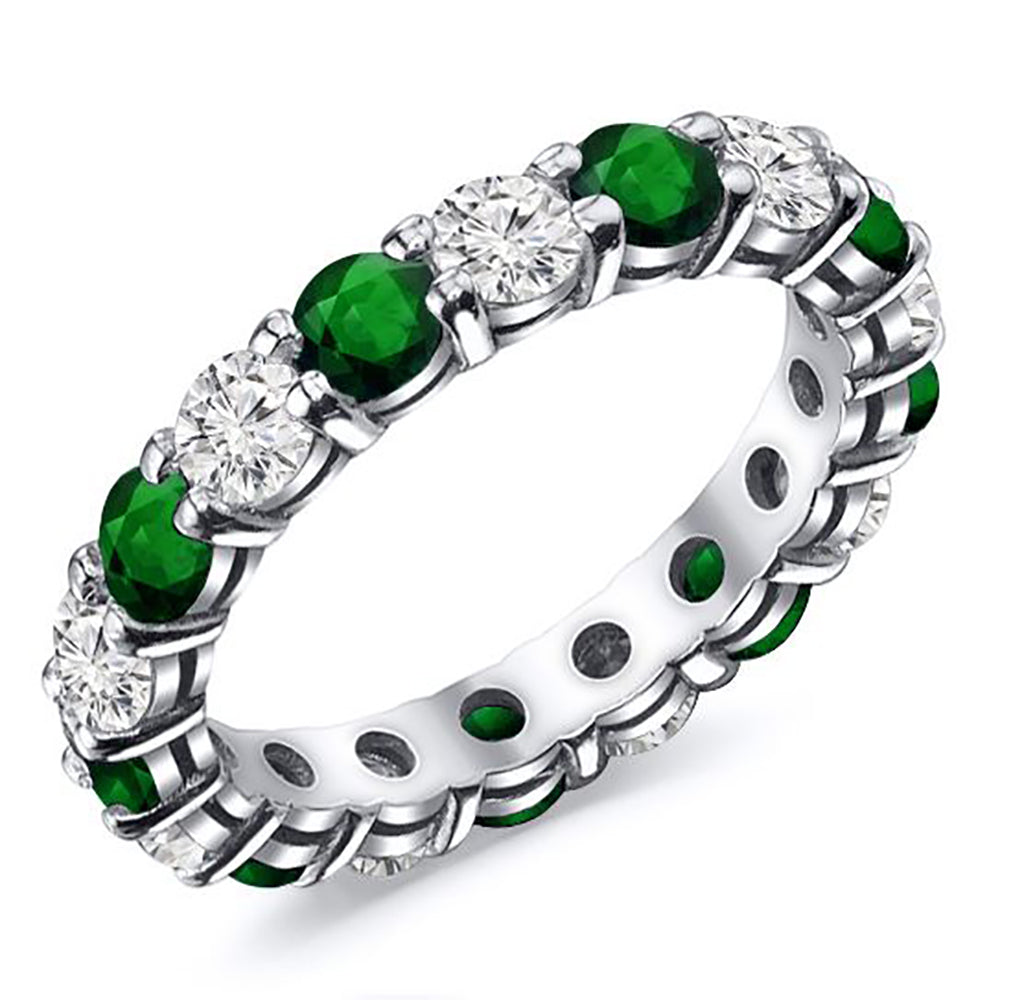 2.00 Carat Round Cut Diamond & Natural Green Emerald Eternity Band