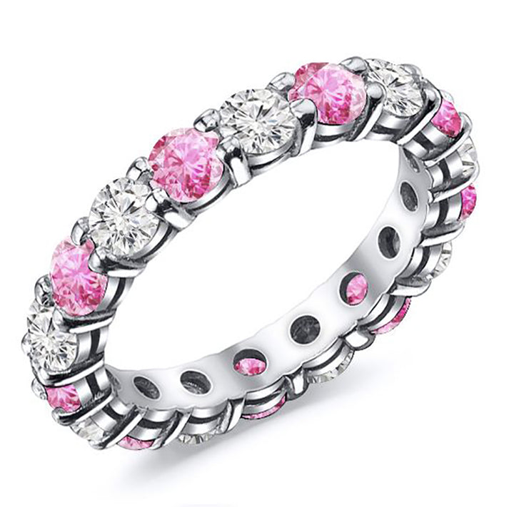 2.00 Carat Round Cut Diamond & Natural Pink Sapphire Eternity Band